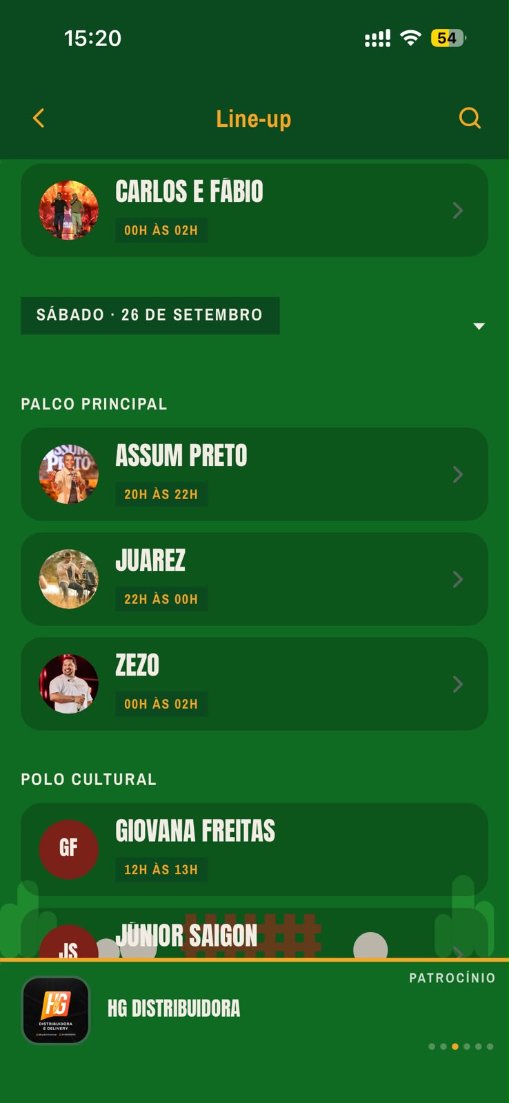 Tela de line-up do aplicativo É Venturosa